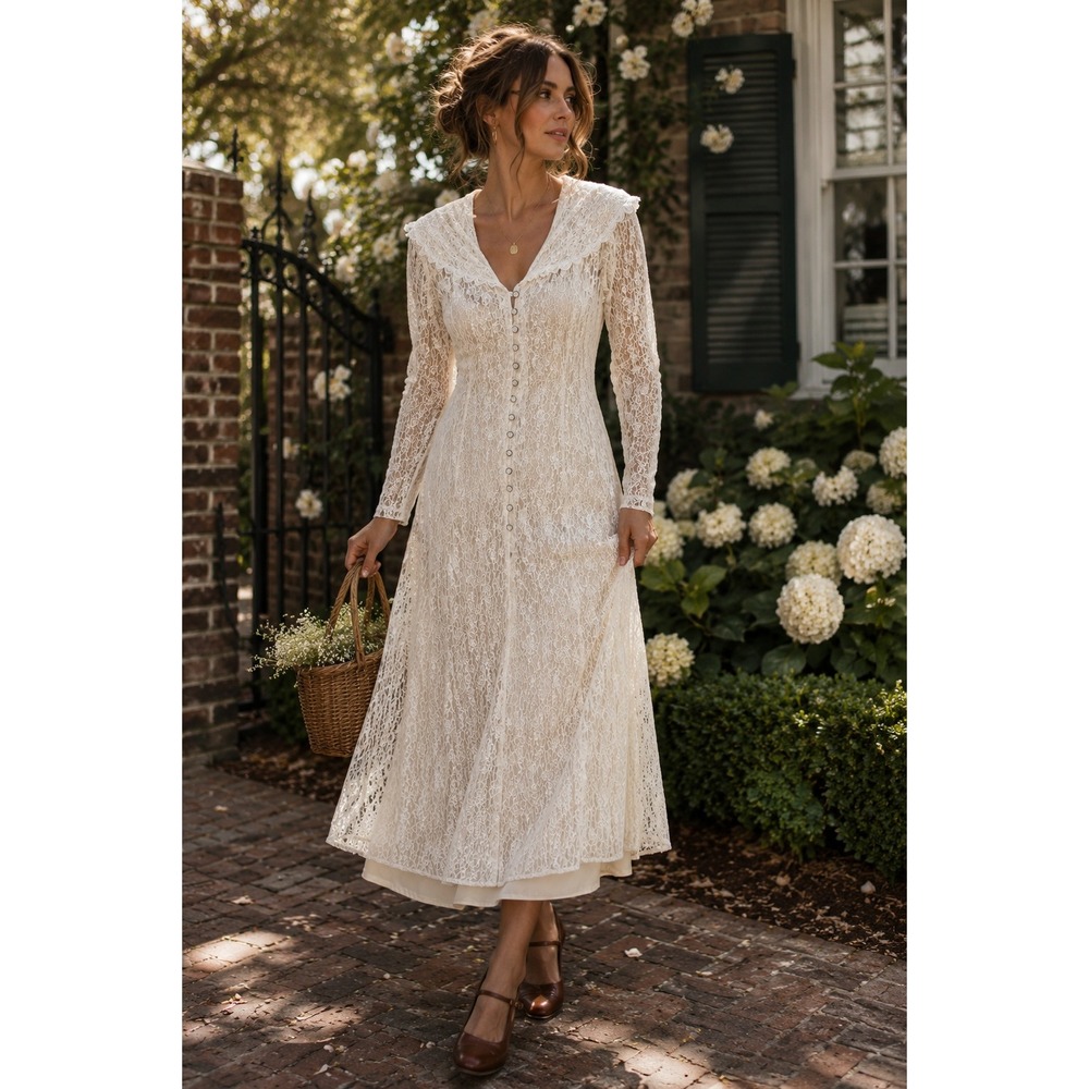 Vintage Betsy's Things Ivory Lace Prairie Midi Dress USA Romantic Cottagecore M